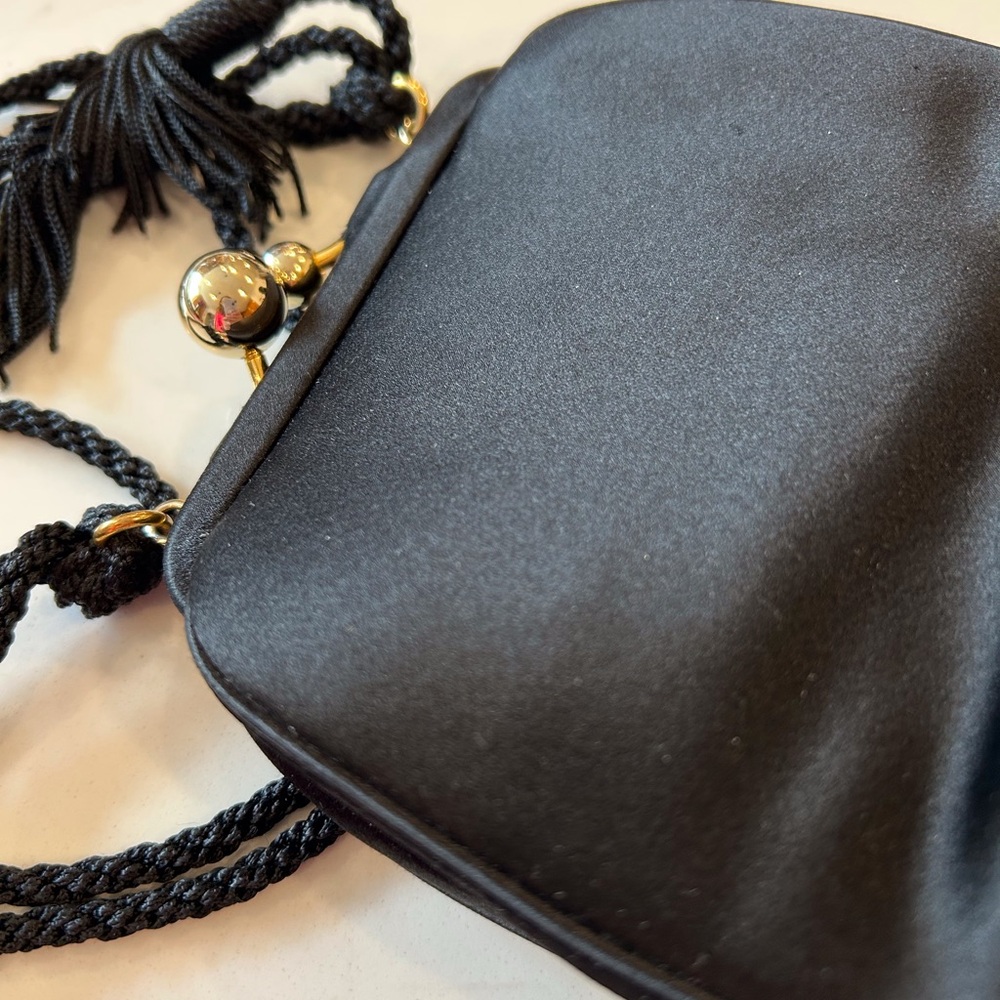 EUC Vintage Judith Leiber Black Satin Clutch w/Cord & Tassel Strap and more